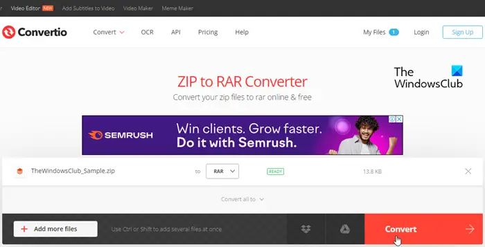 Convert archives to RAR using Convertio