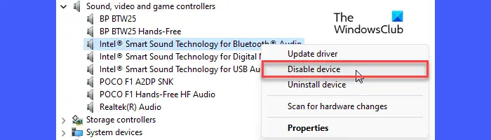 Disabling the audio device