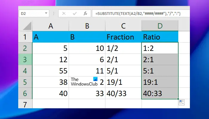 Display ratio in Excel using the SUBSTITUTE function