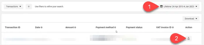 Download a Facebook ad receipt for an individual transaction