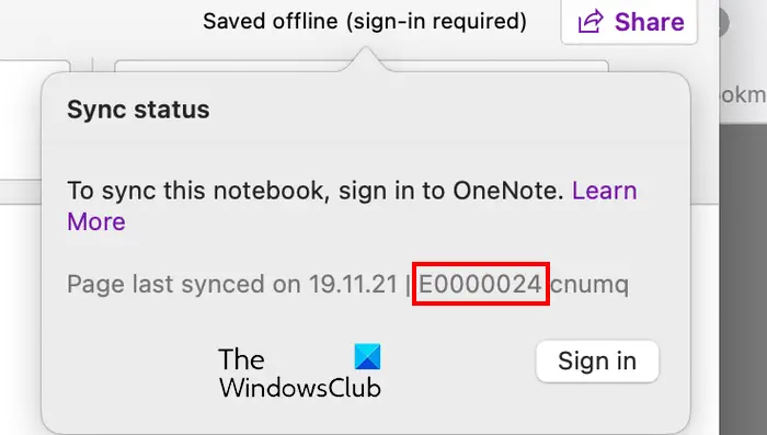 E0000024, To sync this notebook, sign in to OneNote