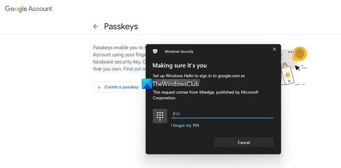 Enter your Windows PIN to set passkey for Google Account