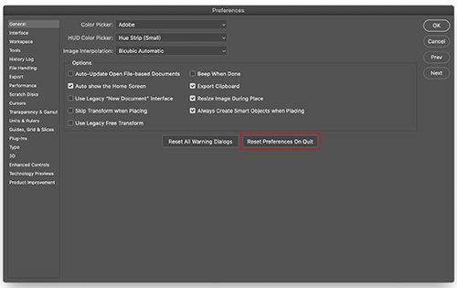 Can't save as jpeg or jpg in Photoshop - reset preferences 1