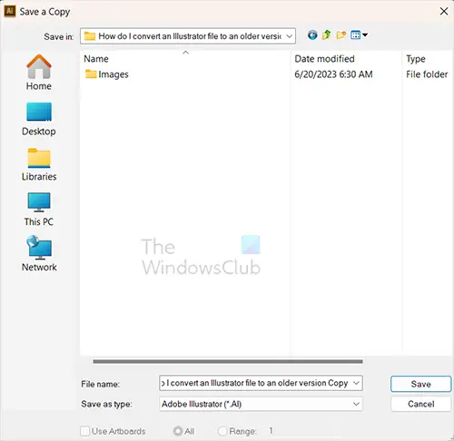 How do I convert an Illustrator file to an older version - Save a copy window