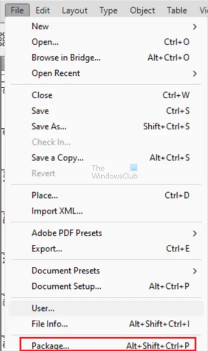 How do you save InDesign files in a lower version - Package - top menu