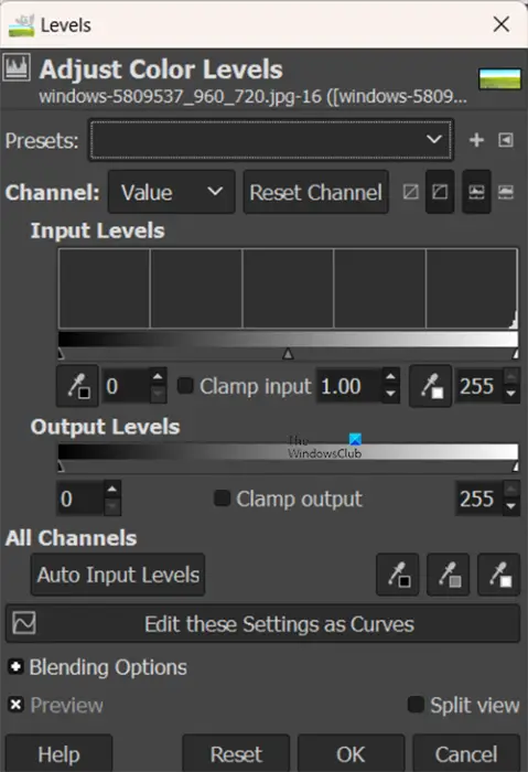 How to do retro or vintage photo effect in GIMP - Adjust color levels window