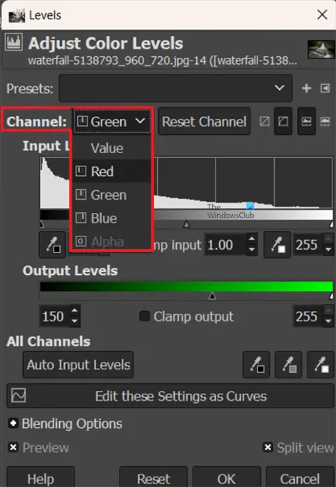 How to do retro or vintage photo effect in GIMP - Select the channel to adjust