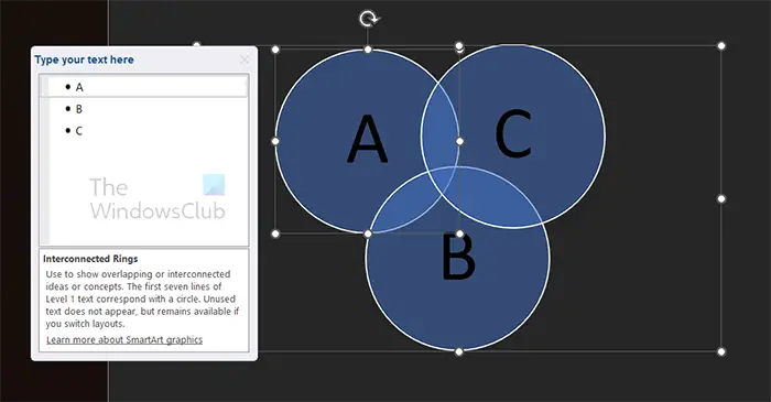 How to draw Venn diagrams in Word - Smartart Venn diagram - Letter added as content