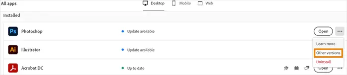 How to install previous versions of Adobe Creative Cloud apps - Other version