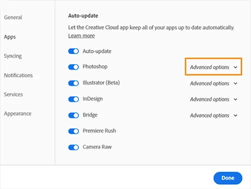 How to install previous versions of Adobe Creative Cloud apps -Retain older - Advanced options