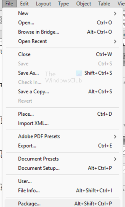 How to package and zip your document in InDesign - Package - Top menu