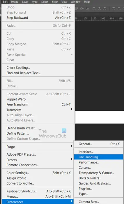 How to save Photoshop files in lower version - Photoshop Preferences - top menu
