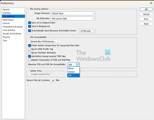 How to save Photoshop files in lower version - Preferences - Max compatibility