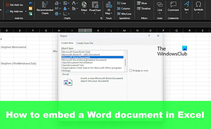 How to embed a Word document in Excel