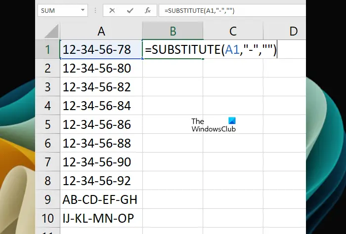 Remove dashes in Exel using SUBSTITUTE function