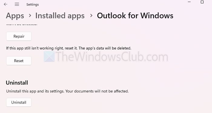 Reset Outlook App