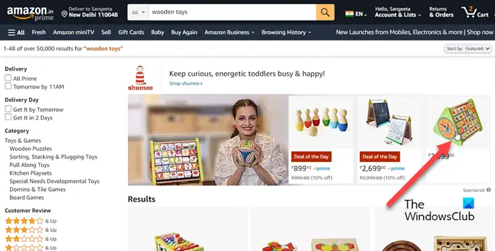 Selecting a product on Amazon
