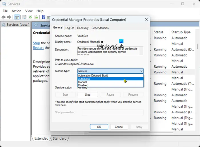 Set the Credential Manager service to automatic