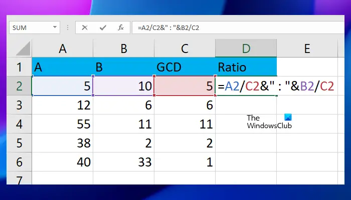Use GCD to calculate ratio in Excel