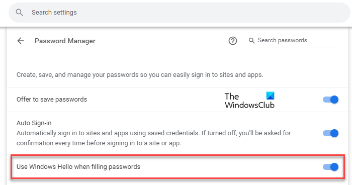 Opzione Windows Hello in Chrome Password Manager Opzione Windows Hello in Chrome Password Manager