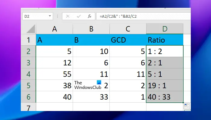 calculate ratio in Excel using GCD value
