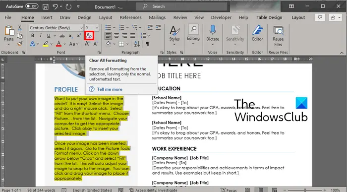 Can't Remove Highlights or Shading from Word document
