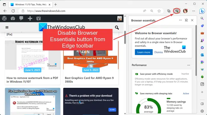 Disable Browser Essentials (Heart) button from Edge toolbar