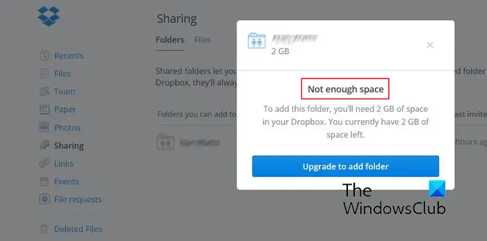 Dropbox Not enough space to access folder 