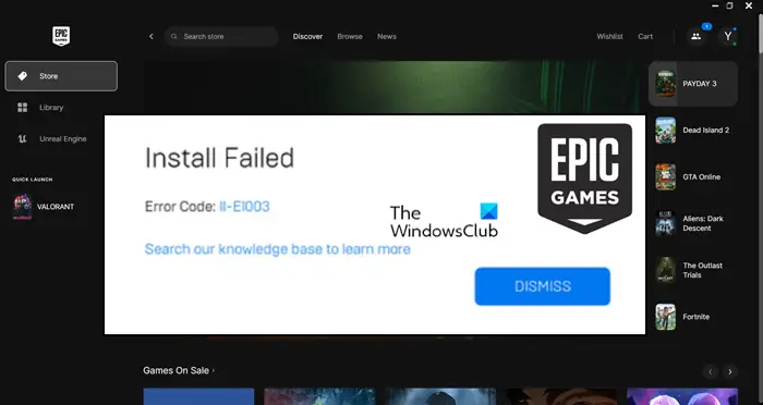 Epic Games-Installation Fehlgeschlagen, Fehlercode Ii-E1003