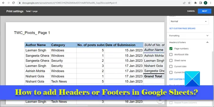 Add Headers or Footers in Google Sheets