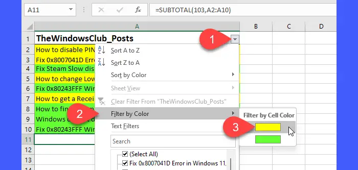 Applying color filter in Excel