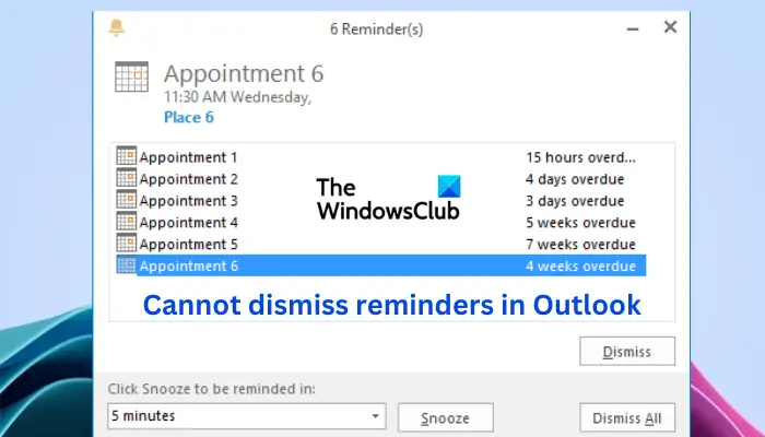 Cannot dismiss reminders in Outlook