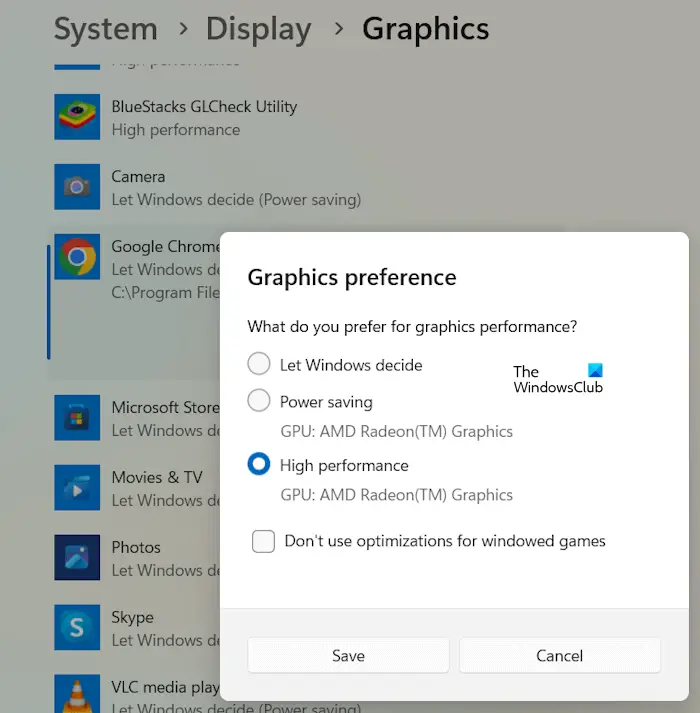 Change Graphics settings for Chrome