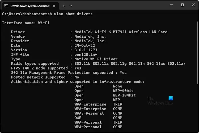 Check supported WiFi bands Windows