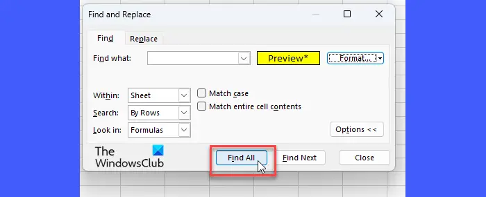 Command to find all instances of colored cells in Excel