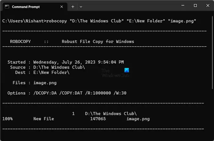 Copy a file using robocopy