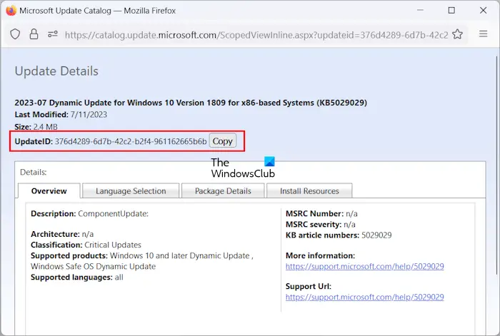 Copying UpdateID from Microsoft Update Catalog