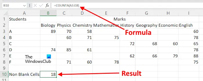 Count nonblank cells using COUNTA