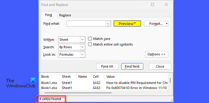 Count of colored cells in Excel shown by Find and Replace