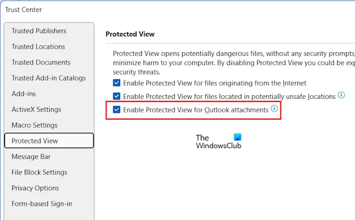 Enable Protected View Outlook attachments