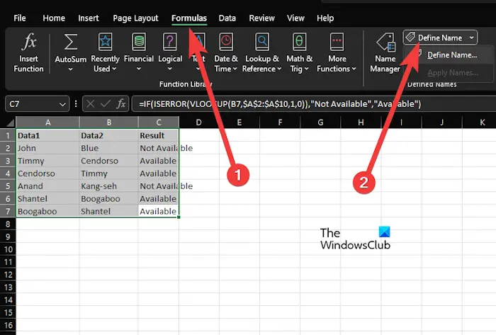 Excel Formula Define Name