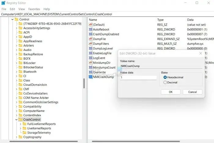 Generate Memory Dump File Registry