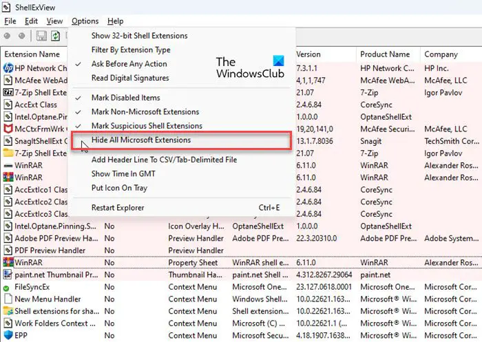 Ausblenden Von Microsoft-Erweiterungen In Shellexview