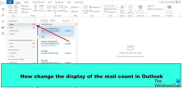 How to change the display of the mail count in Outlook