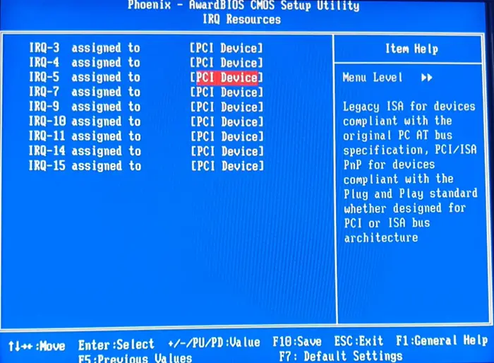 IRQ No. assignment in BIOS