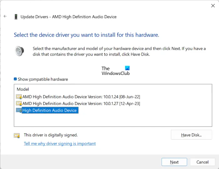 Install another version audio driver