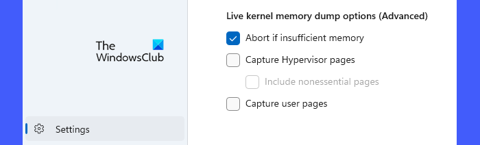 Live kernel memory dump options