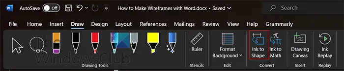 Make wireframe in Word - ink to shape button