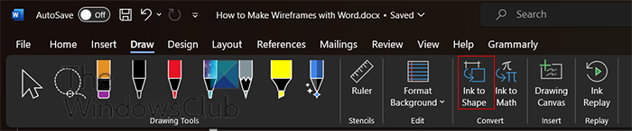 Make wireframe in Word - ink to shape button