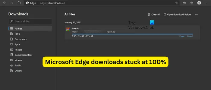 Microsoft Edge downloads stuck at 100%